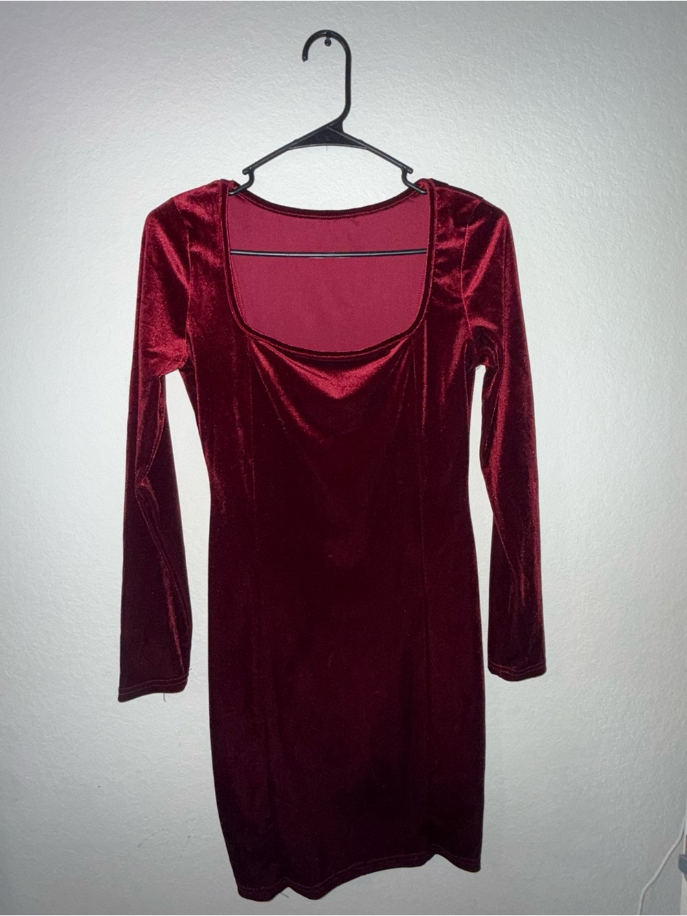 Velvet Long Sleeve Scoop Neck Dress - Burgundy